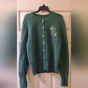 Paul Tazwell "Wicked" Green 6 Button Size Small Cardigan Sweater Gold Accents